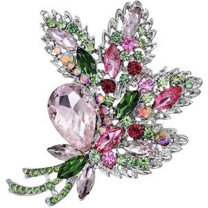 Big Large Brooch Pin Austrian Crystal Leaf Shape Bouquet Rhinestone